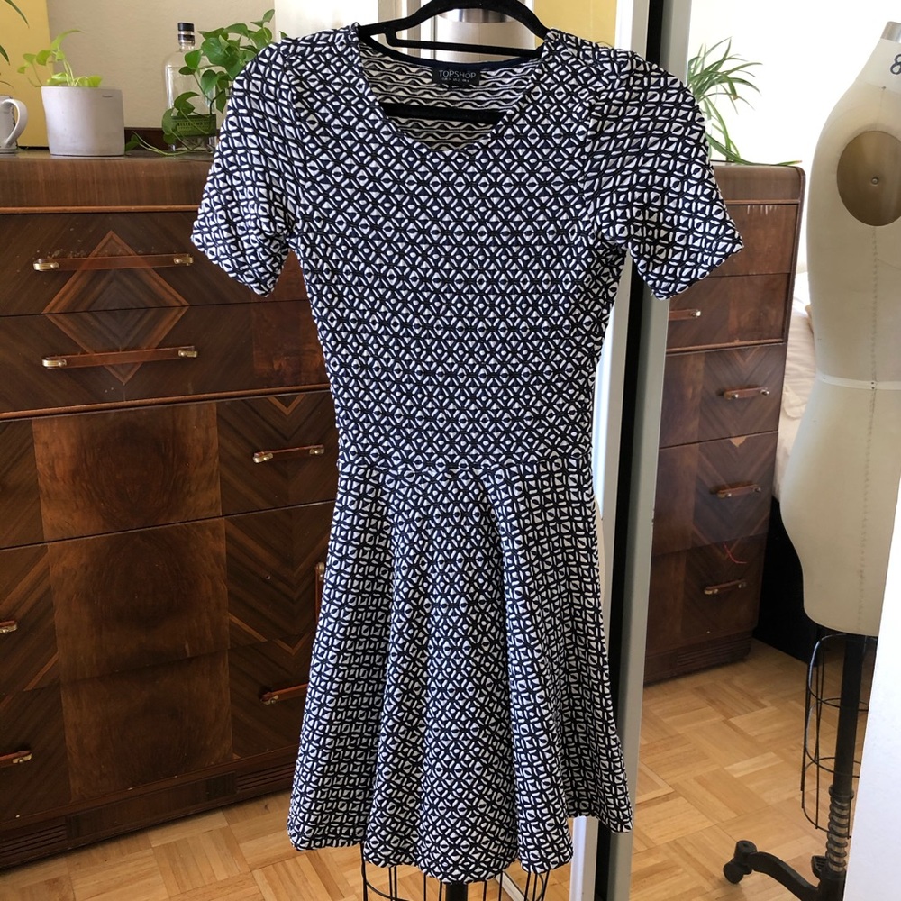 Topshop Navy White Geometric Short Sleeve Dress, 2